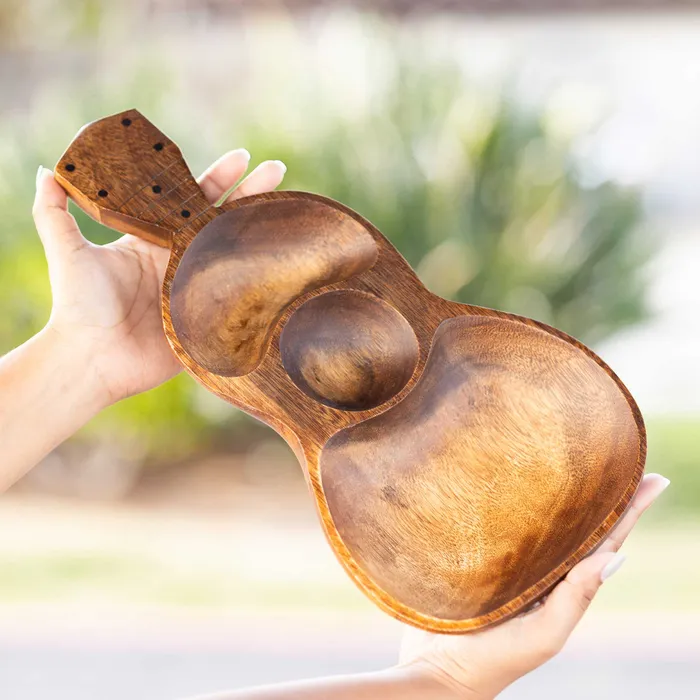 ISLANDERGRP Earrings 3Compartment Acacia Wood Ukuleleshaped Tray