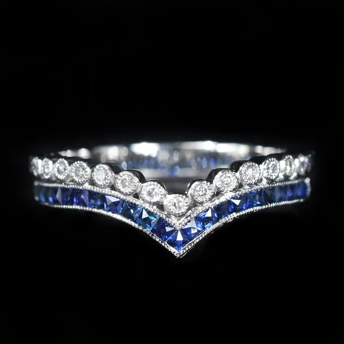 JC Blackburn Rings Platinum French Cut Sapphire and Diamond Curved Band