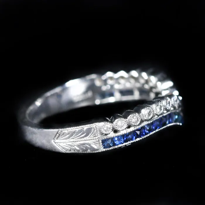 JC Blackburn Rings Platinum French Cut Sapphire and Diamond Curved Band