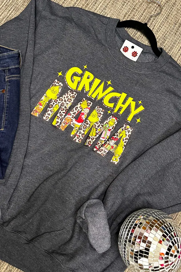 JL Franklins Earrings Grinchy Mama Crewneck Sweatshirt Dark Heather