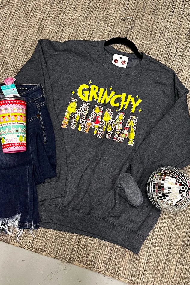 JL Franklins Earrings Grinchy Mama Crewneck Sweatshirt Dark Heather