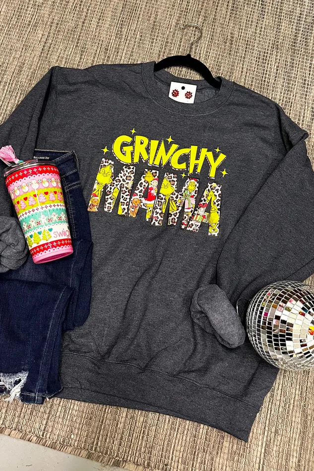 JL Franklins Earrings Grinchy Mama Crewneck Sweatshirt Dark Heather
