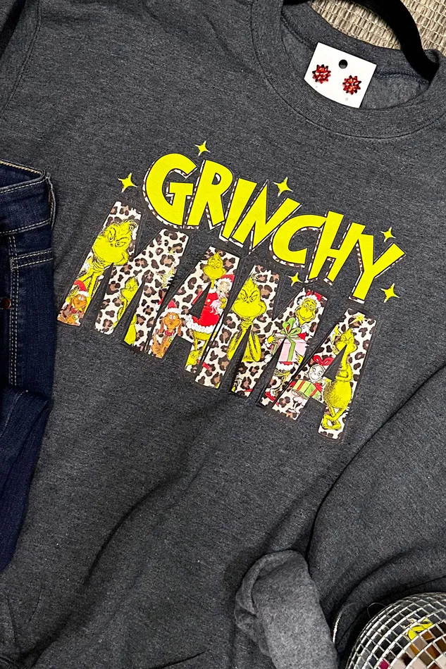 JL Franklins Earrings Grinchy Mama Crewneck Sweatshirt Dark Heather