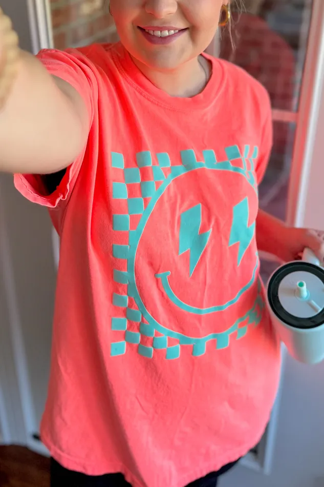 JL Franklins Happy Face Checker Puff Graphic Tee Neon Red Orange Earrings