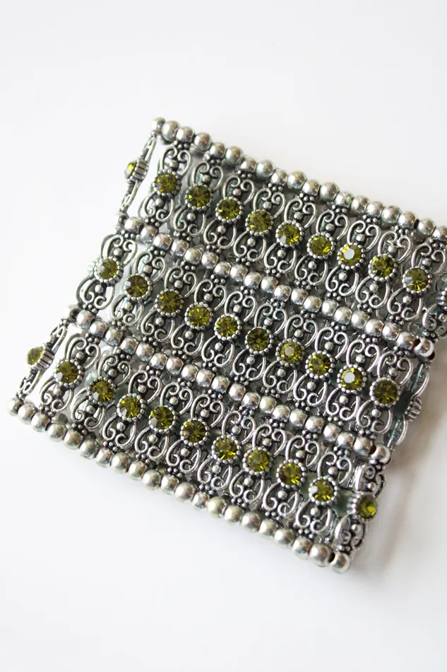 Jubilee Thrift Bracelets MultiLayer Silver Green Rhinestone Stretch Bracelet