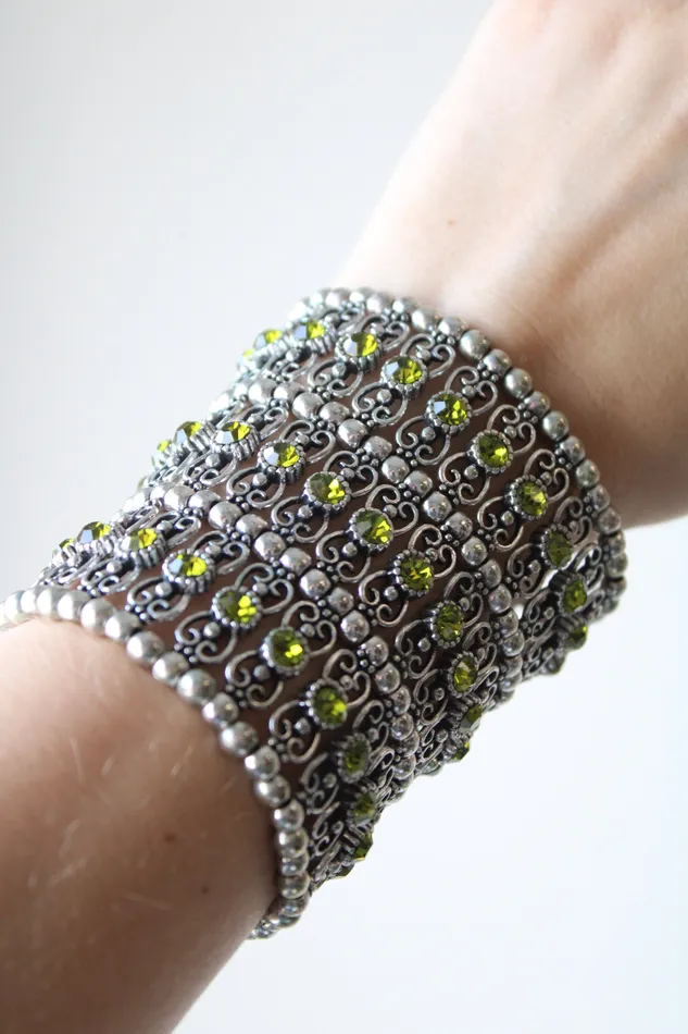 Jubilee Thrift Bracelets MultiLayer Silver Green Rhinestone Stretch Bracelet