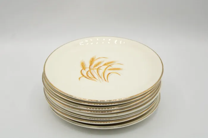Jubilee Thrift Earrings Golden Wheat Homer Laughlin 22K Gold Oven Proof Made In USA Dessert Plates Set Of 8 Jubilee Thrift Earrings Golden Wheat Homer Laughlin 22K Gold Oven Proof Made In USA Dessert Plates Set Of 8