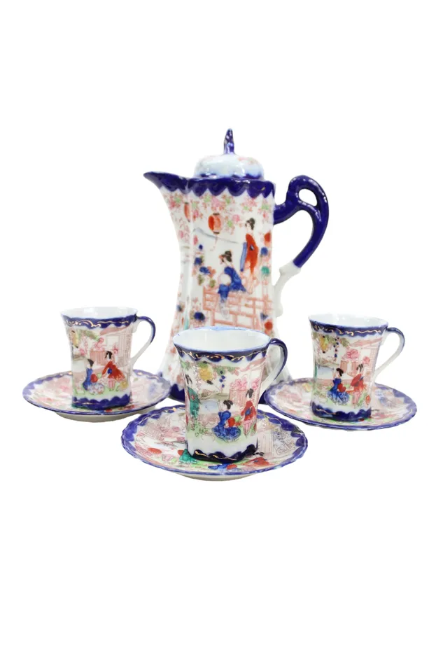 Jubilee Thrift Earrings Vintage Geisha Cocoa Tea Pot Blue Painted Set