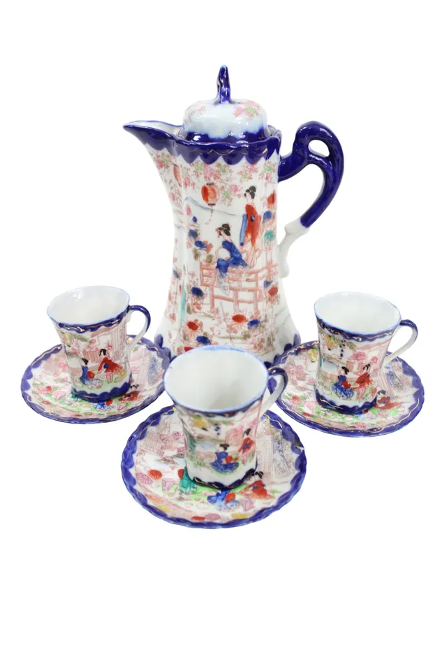 Jubilee Thrift Earrings Vintage Geisha Cocoa Tea Pot Blue Painted Set