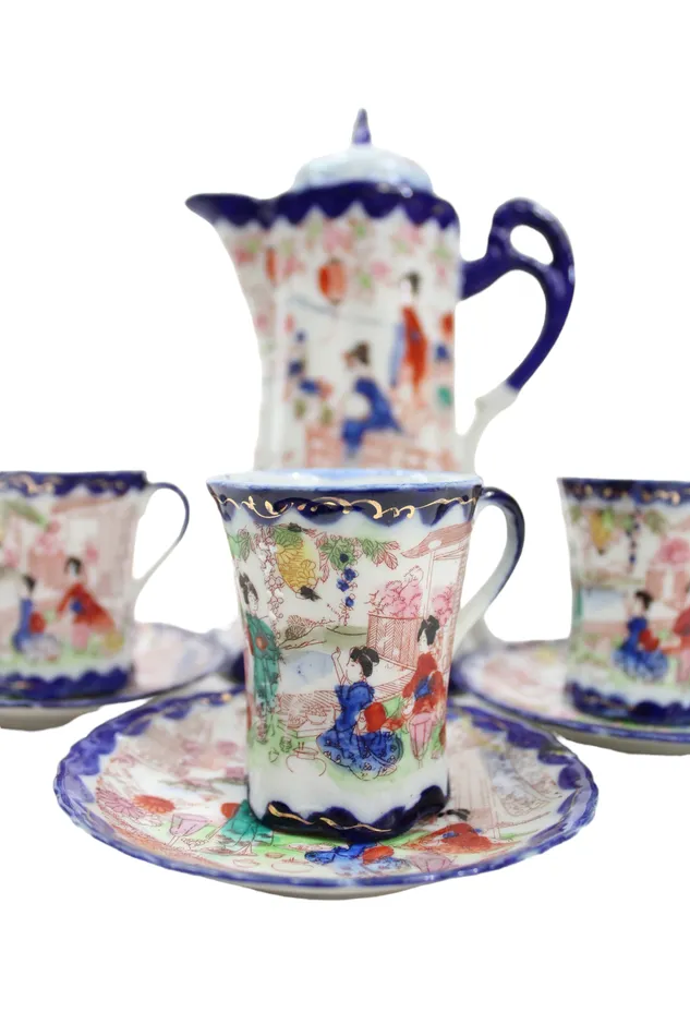 Jubilee Thrift Earrings Vintage Geisha Cocoa Tea Pot Blue Painted Set