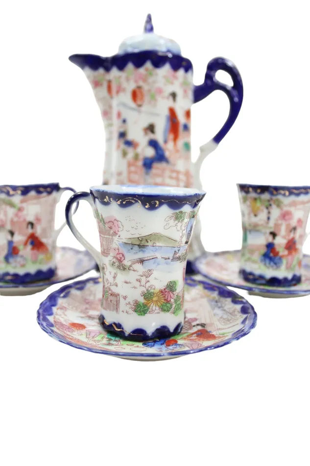 Jubilee Thrift Earrings Vintage Geisha Cocoa Tea Pot Blue Painted Set