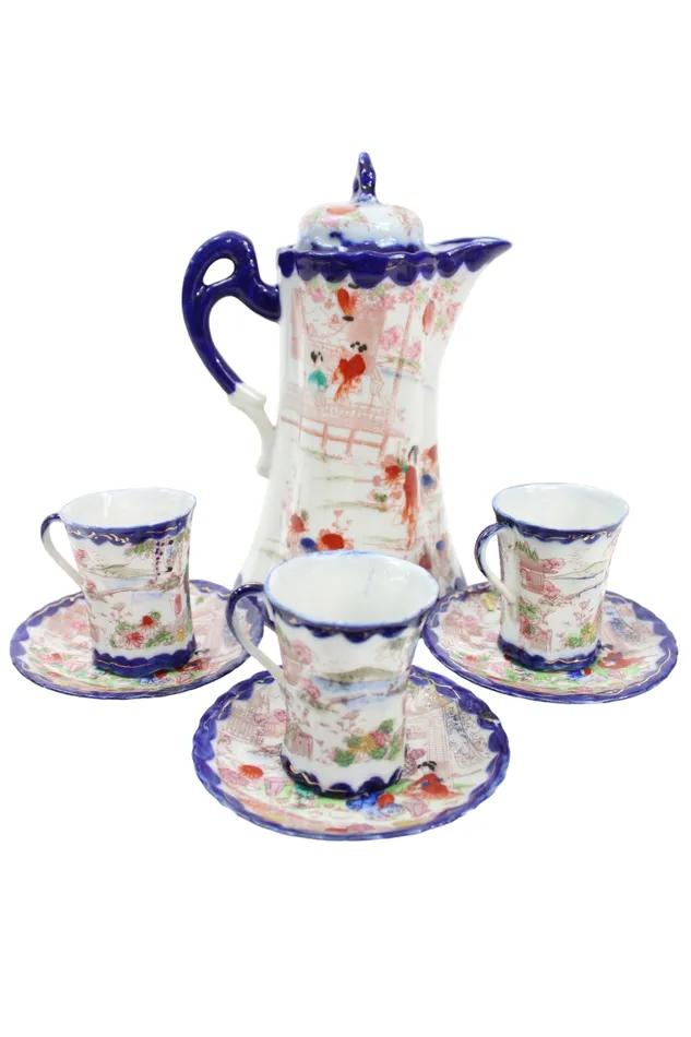 Jubilee Thrift Earrings Vintage Geisha Cocoa Tea Pot Blue Painted Set