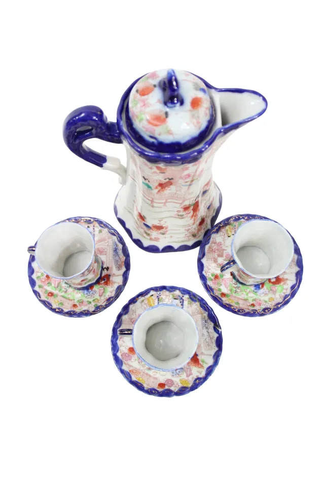 Jubilee Thrift Earrings Vintage Geisha Cocoa Tea Pot Blue Painted Set