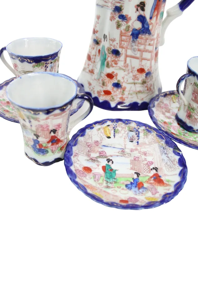 Jubilee Thrift Earrings Vintage Geisha Cocoa Tea Pot Blue Painted Set