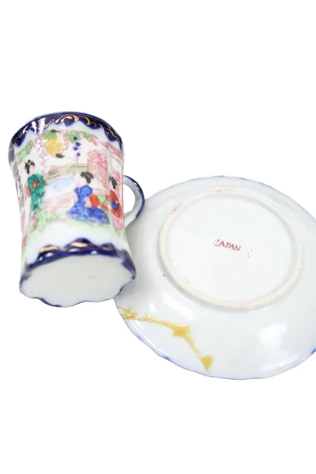 Jubilee Thrift Earrings Vintage Geisha Cocoa Tea Pot Blue Painted Set