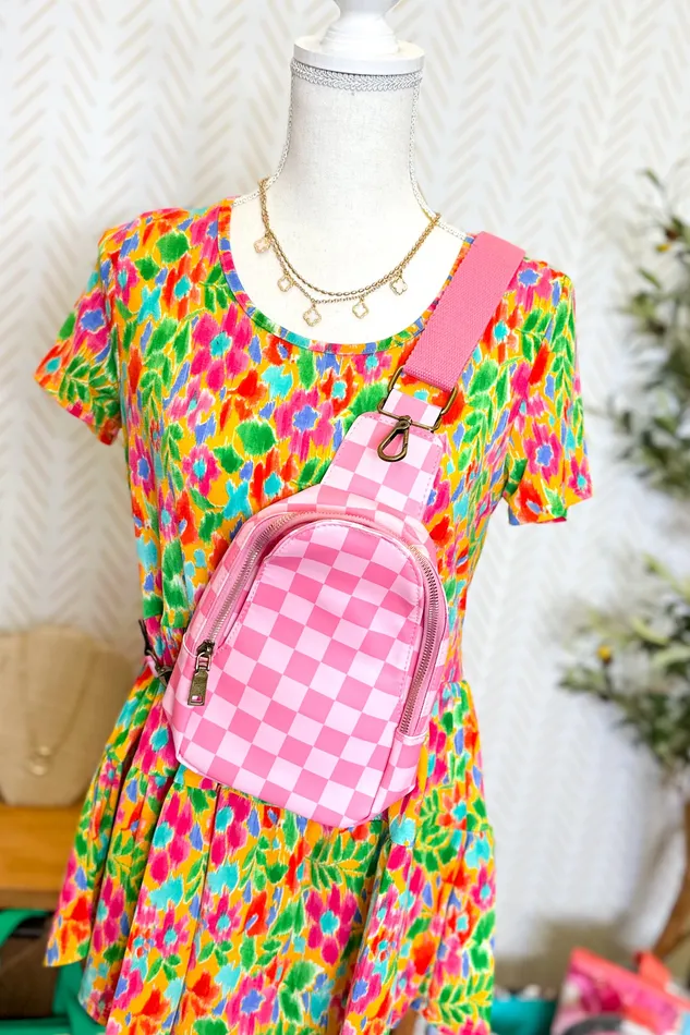 Judson Earrings Checkered Sling Bag Purse Pink Judson Earrings Checkered Sling Bag Purse Pink