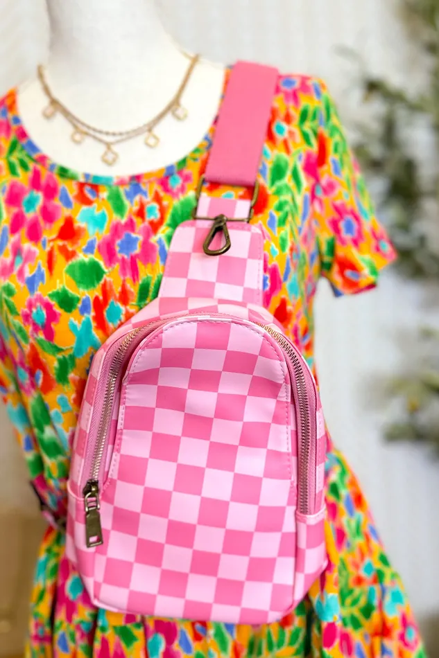 Judson Earrings Checkered Sling Bag Purse Pink Judson Earrings Checkered Sling Bag Purse Pink