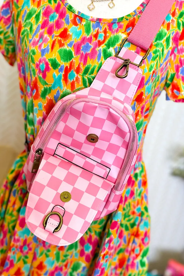 Judson Earrings Checkered Sling Bag Purse Pink Judson Earrings Checkered Sling Bag Purse Pink