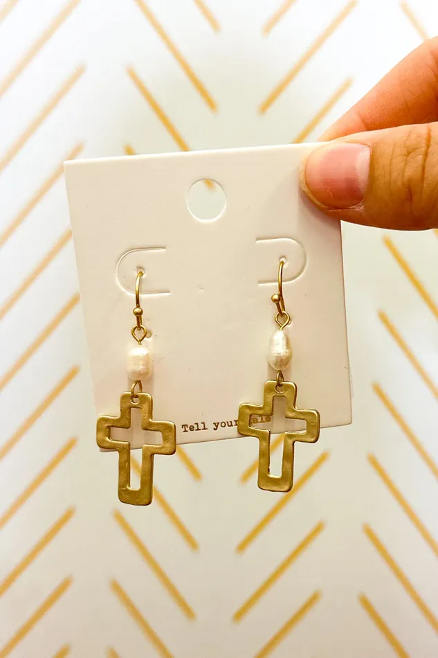 Judson Earrings Hammered Metal Cross and Pearl Drop Earrings Gold