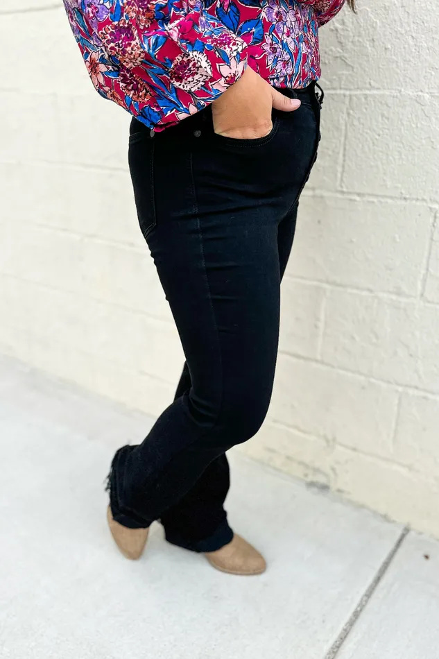 Judy Blue Judy Blue Buffy High Waist Raw Hem Bootcut Jeans Black Rings