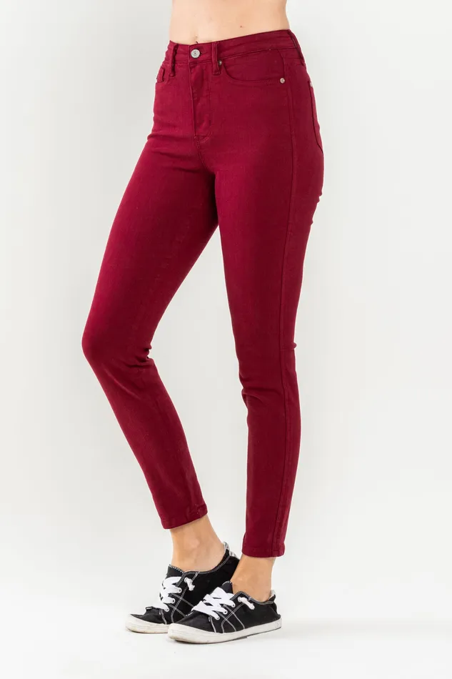 JUDY BLUE Rings JUDY BLUE HIGH WAIST TUMMY CONTROL GARMET DYED SKINNY JEANS SCARLET