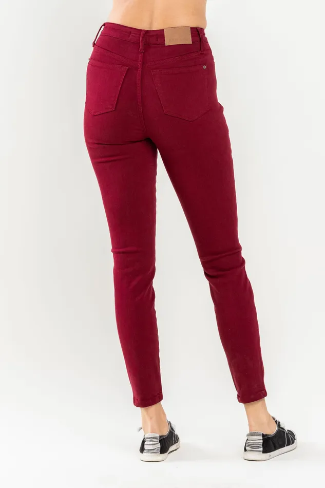 JUDY BLUE Rings JUDY BLUE HIGH WAIST TUMMY CONTROL GARMET DYED SKINNY JEANS SCARLET