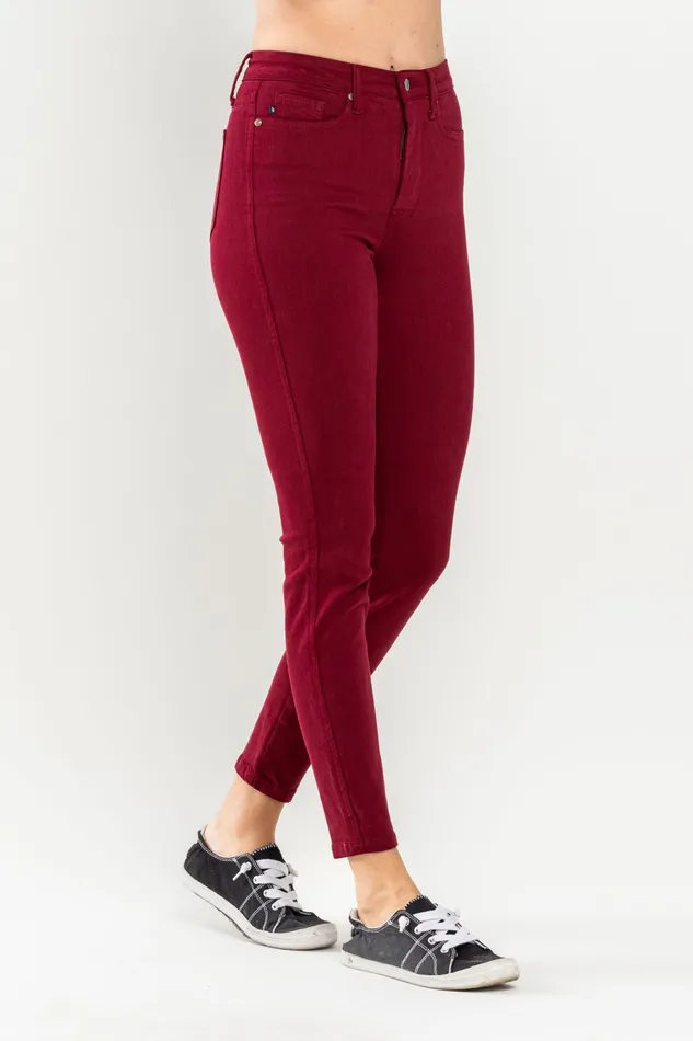 JUDY BLUE Rings JUDY BLUE HIGH WAIST TUMMY CONTROL GARMET DYED SKINNY JEANS SCARLET
