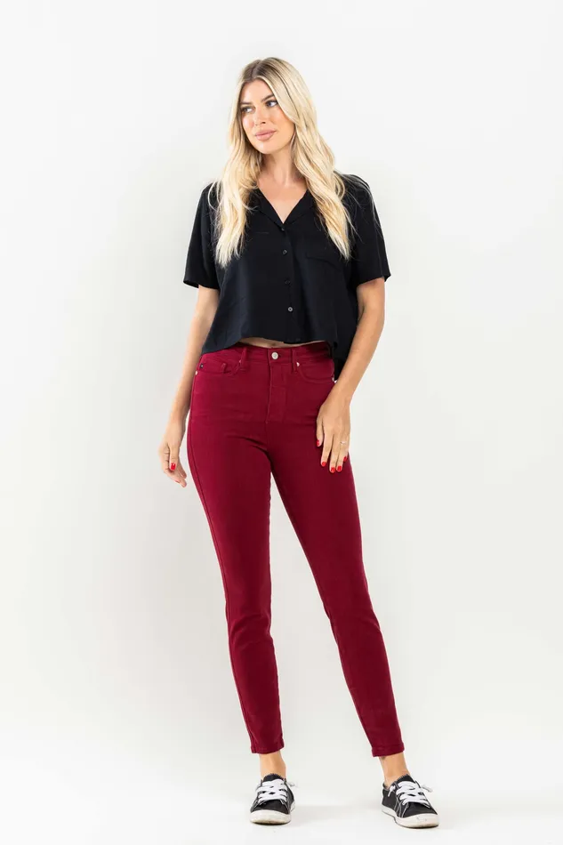 JUDY BLUE Rings JUDY BLUE HIGH WAIST TUMMY CONTROL GARMET DYED SKINNY JEANS SCARLET