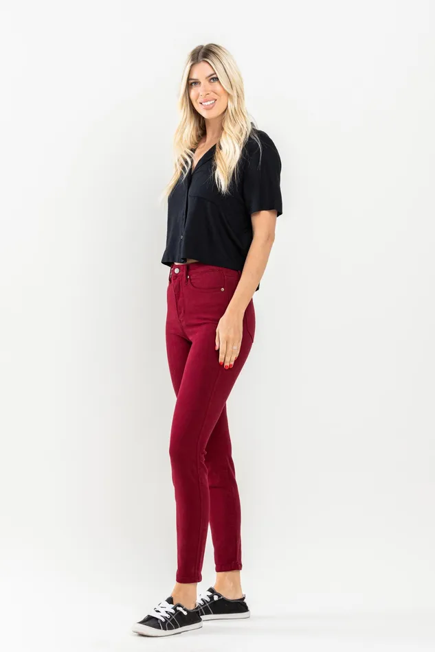 JUDY BLUE Rings JUDY BLUE HIGH WAIST TUMMY CONTROL GARMET DYED SKINNY JEANS SCARLET