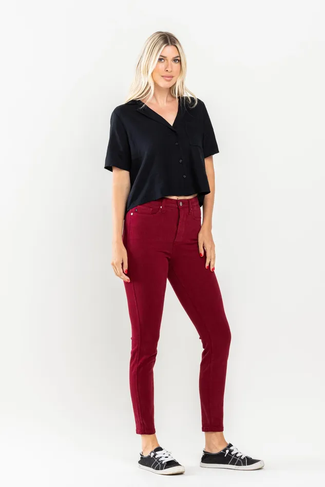 JUDY BLUE Rings JUDY BLUE HIGH WAIST TUMMY CONTROL GARMET DYED SKINNY JEANS SCARLET
