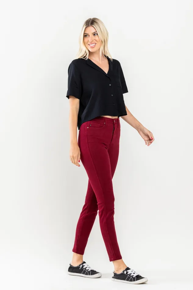 JUDY BLUE Rings JUDY BLUE HIGH WAIST TUMMY CONTROL GARMET DYED SKINNY JEANS SCARLET