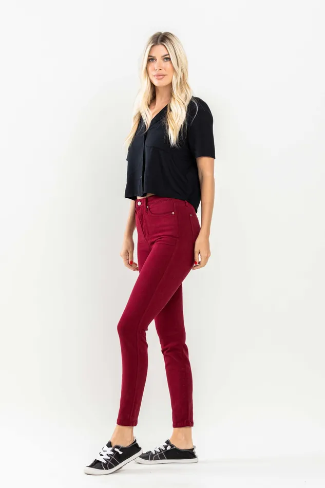JUDY BLUE Rings JUDY BLUE HIGH WAIST TUMMY CONTROL GARMET DYED SKINNY JEANS SCARLET