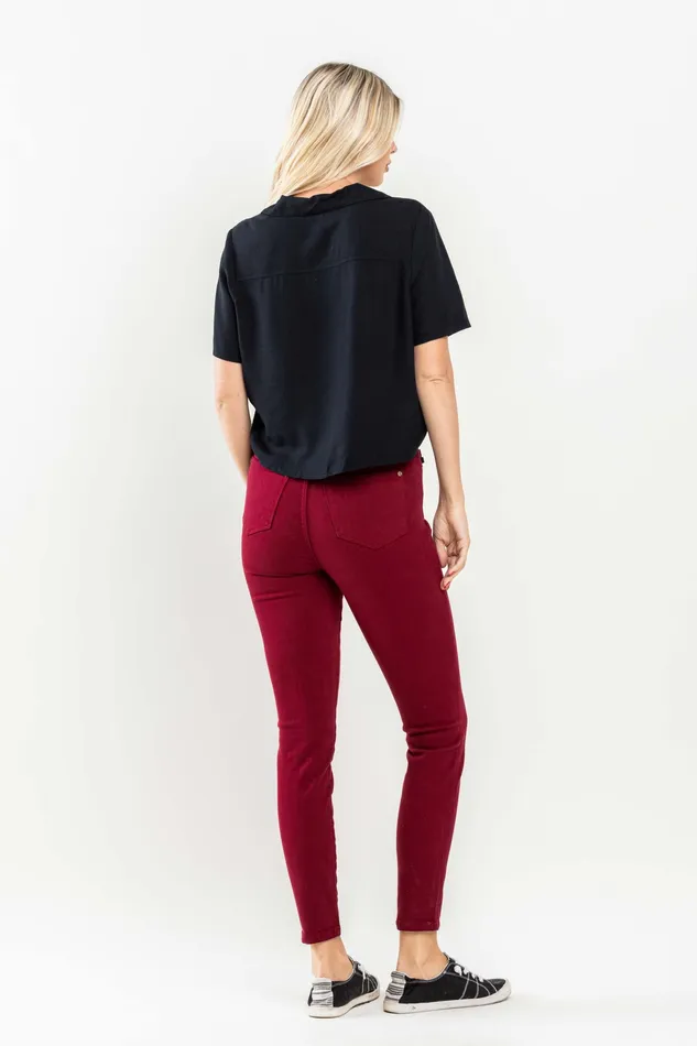 JUDY BLUE Rings JUDY BLUE HIGH WAIST TUMMY CONTROL GARMET DYED SKINNY JEANS SCARLET