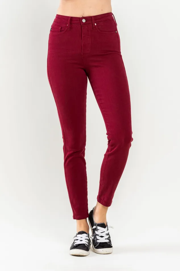 JUDY BLUE Rings JUDY BLUE HIGH WAIST TUMMY CONTROL GARMET DYED SKINNY JEANS SCARLET