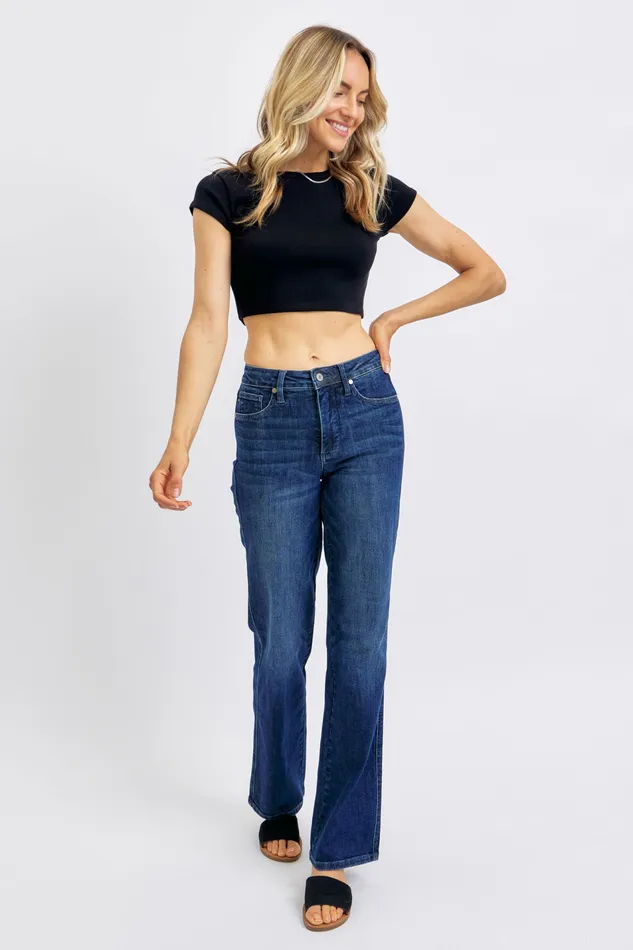 JUDY BLUE Rings JUDY BLUE MID RISE TUMMY CONTROL CLASSIC STRAIGHT JEAN DARK STONE