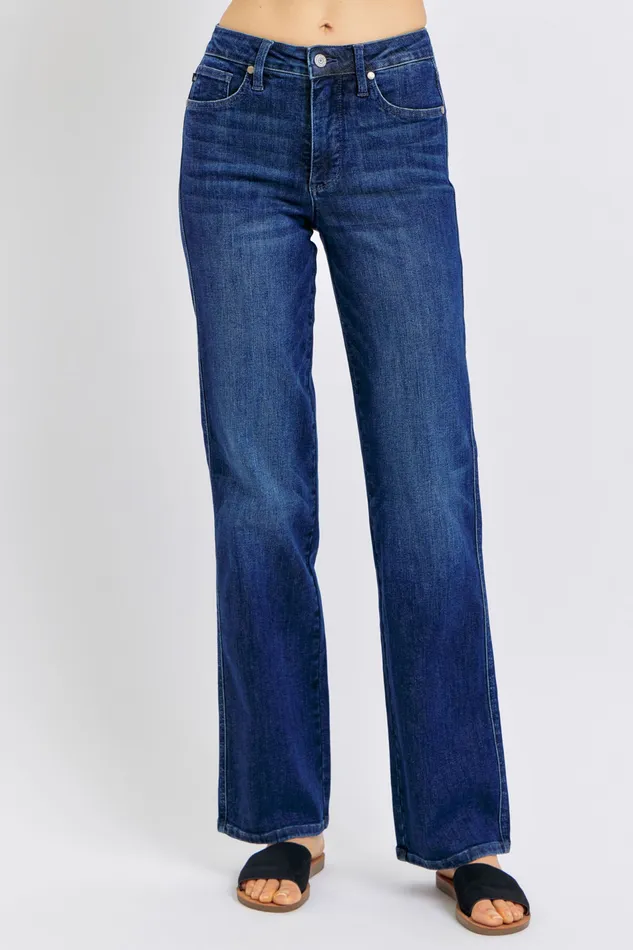 JUDY BLUE Rings JUDY BLUE MID RISE TUMMY CONTROL CLASSIC STRAIGHT JEAN DARK STONE