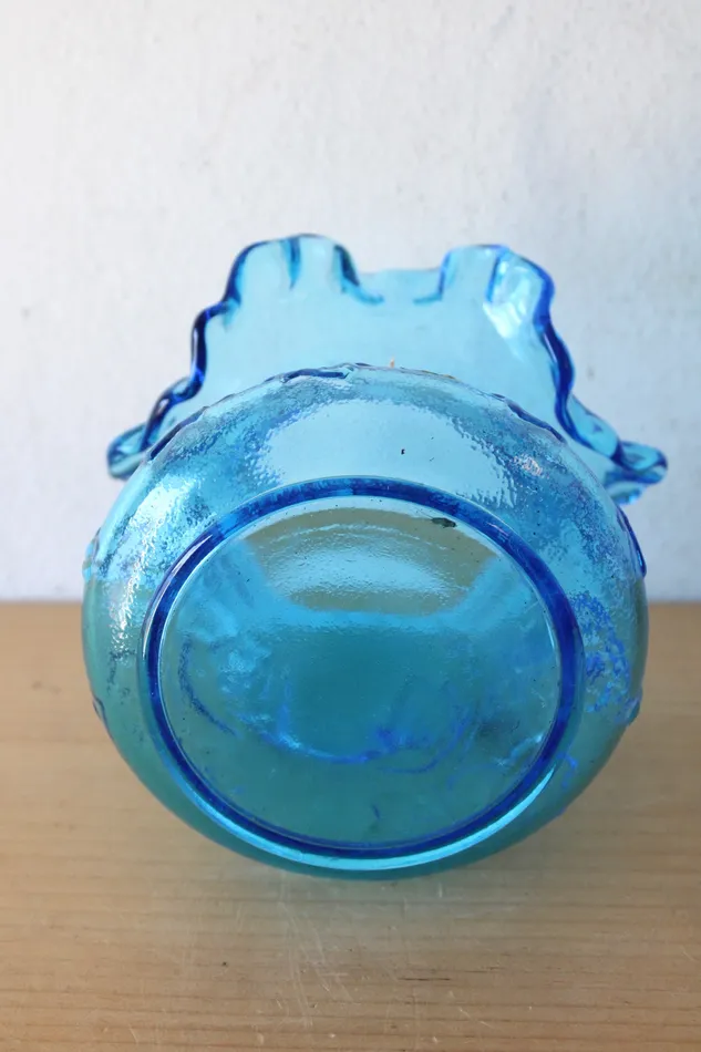 Kanawa Kanawa Vintage Blue Hand Blown Glass Ruffle Rim Vase 5 Rings