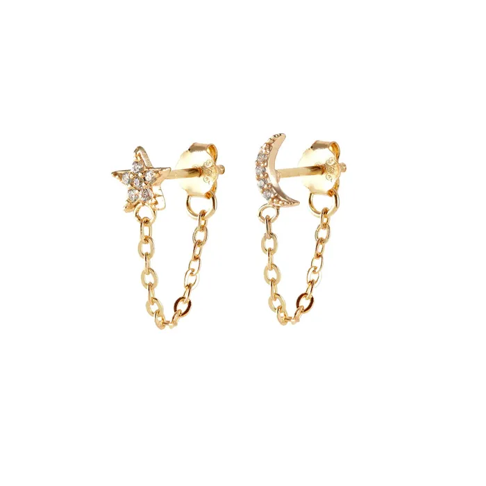 Kris Nations Earrings Star Moon Crystal Chain Stud Earrings
