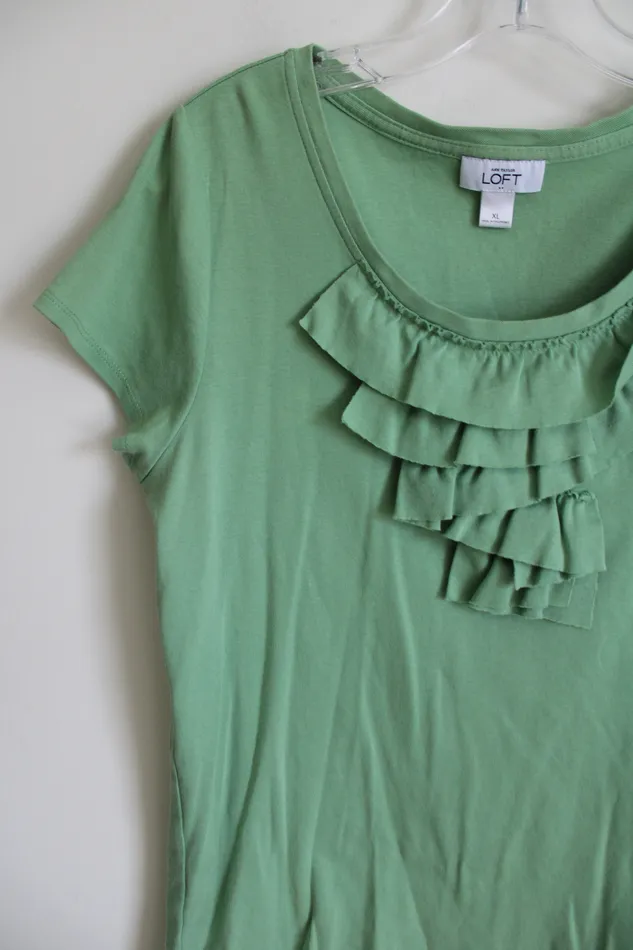 LOFT Green Ruffle Front Top XL Ann Taylor LOFT Earrings