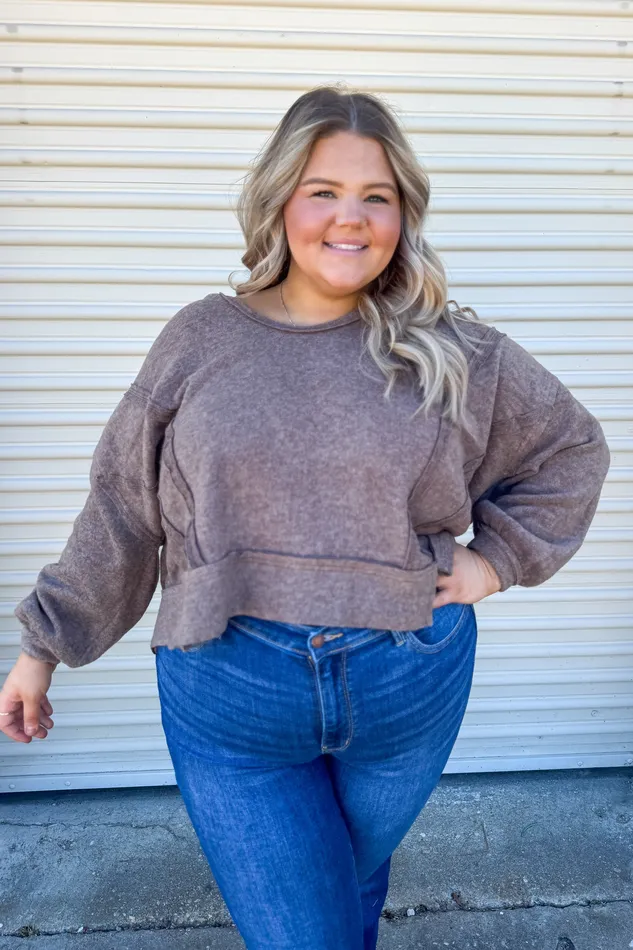 Morgan Cropped Hoodie Pullover Top Mocha Zenana Earrings