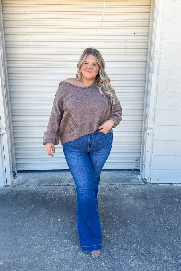 Morgan Cropped Hoodie Pullover Top Mocha Zenana Earrings