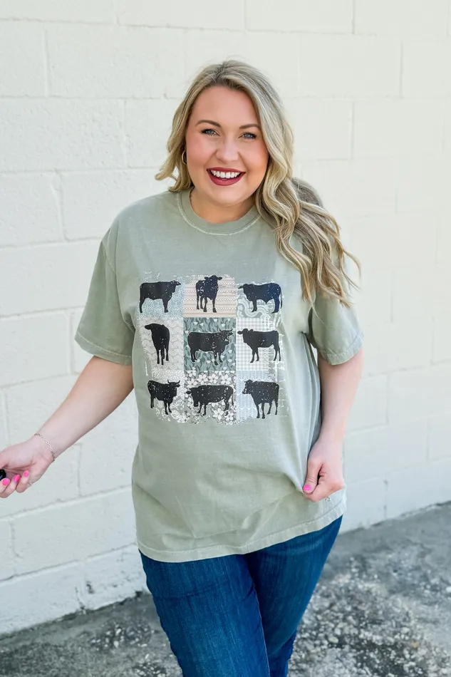 Multi Mix Print Cows Graphic Tee Sandstone JL Franklins Earrings