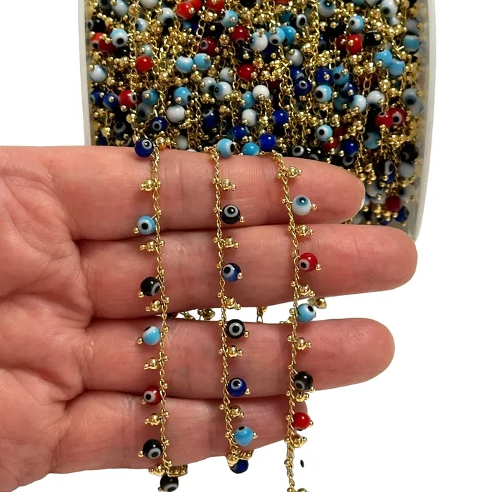 Multicolor Round Glass Evil EyeGold Ball Rosary Chain 24Kt Gold Plated Rosary Chain Peppy Beads Necklaces Multicolor Round Glass Evil EyeGold Ball Rosary Chain 24Kt Gold Plated Rosary Chain Peppy Beads Necklaces