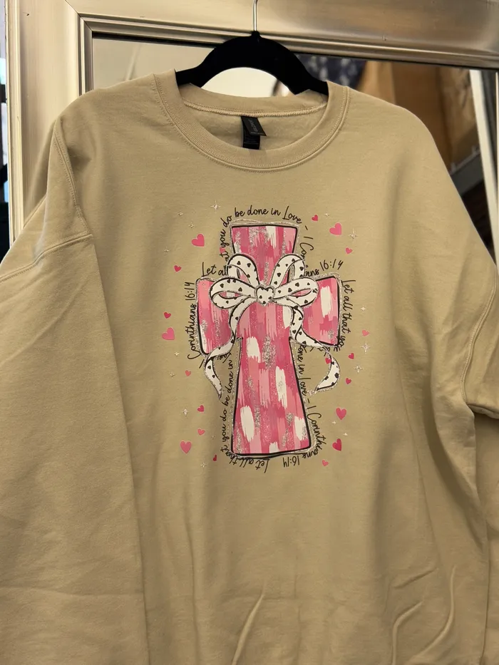 Necklaces JL Franklins Watercolor Pink Cross Crewneck Sweatshirt Sand