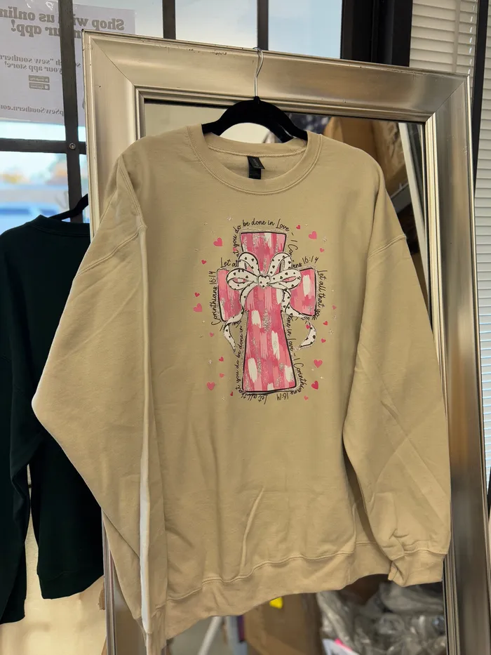 Necklaces JL Franklins Watercolor Pink Cross Crewneck Sweatshirt Sand