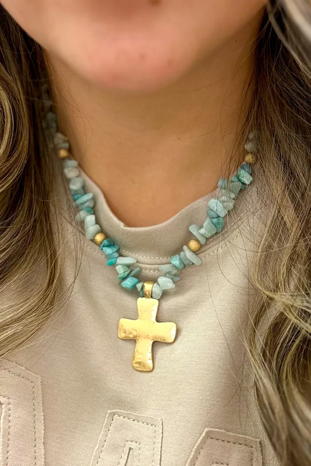 Necklaces Judson Natural Stone Beaded Necklace Featuring Gold Tone Metal Cross Pendant Blue Necklaces Judson Natural Stone Beaded Necklace Featuring Gold Tone Metal Cross Pendant Blue