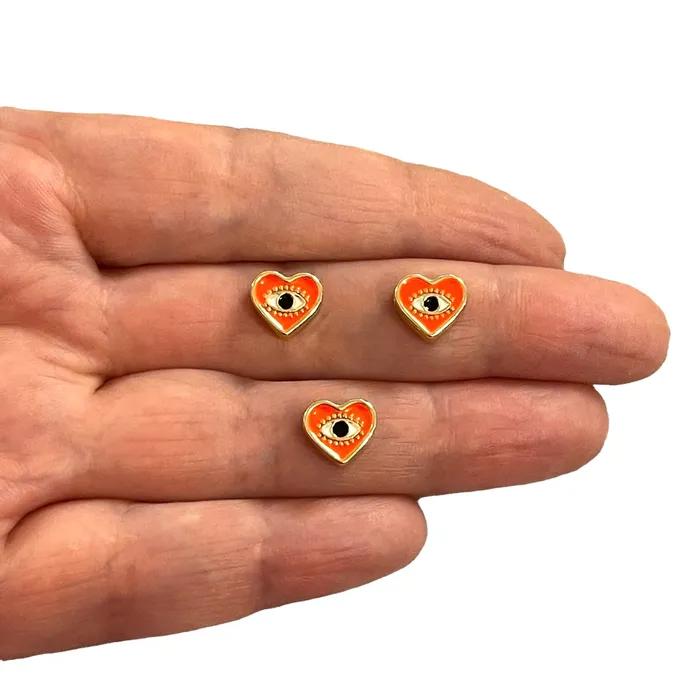 Necklaces Peppy Beads 24Kt Gold Plated DoubleSided Neon OrangeEye Enamelled Heart Spacer Charms with Horizontal Hole Necklaces Peppy Beads 24Kt Gold Plated DoubleSided Neon OrangeEye Enamelled Heart Spacer Charms with Horizontal Hole