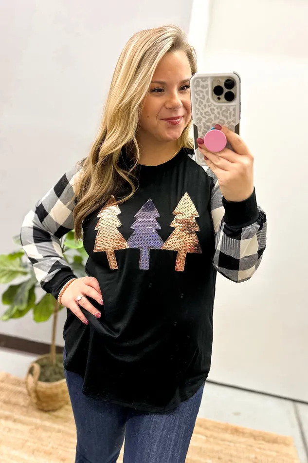 Necklaces Sequin Trees with Buffalo Plaid Sleeves Top Heimish