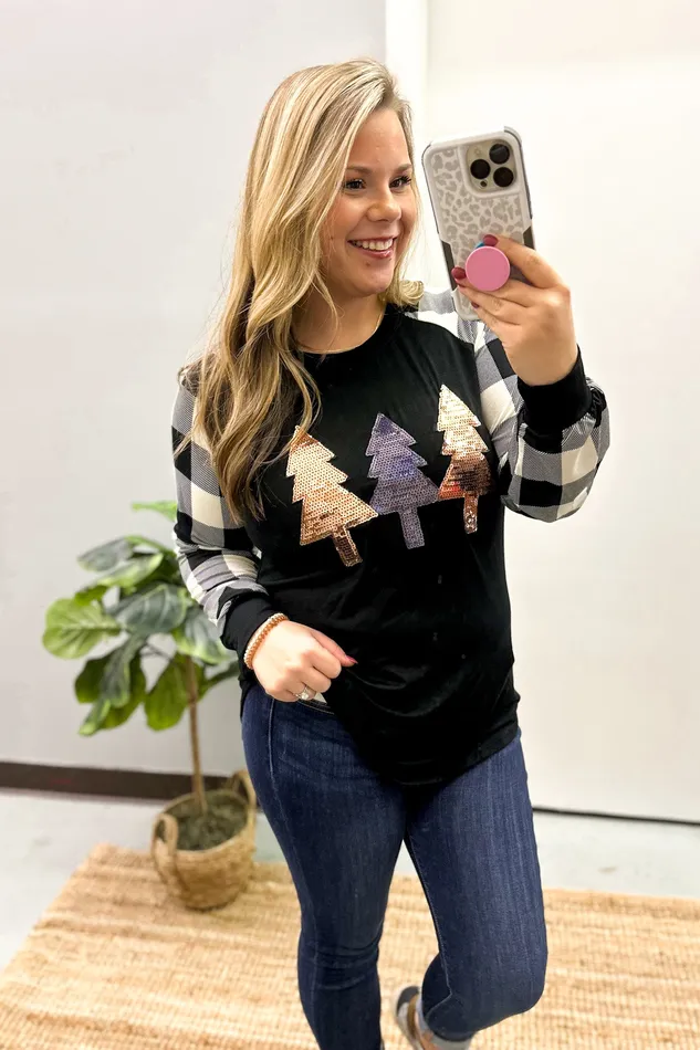 Necklaces Sequin Trees with Buffalo Plaid Sleeves Top Heimish