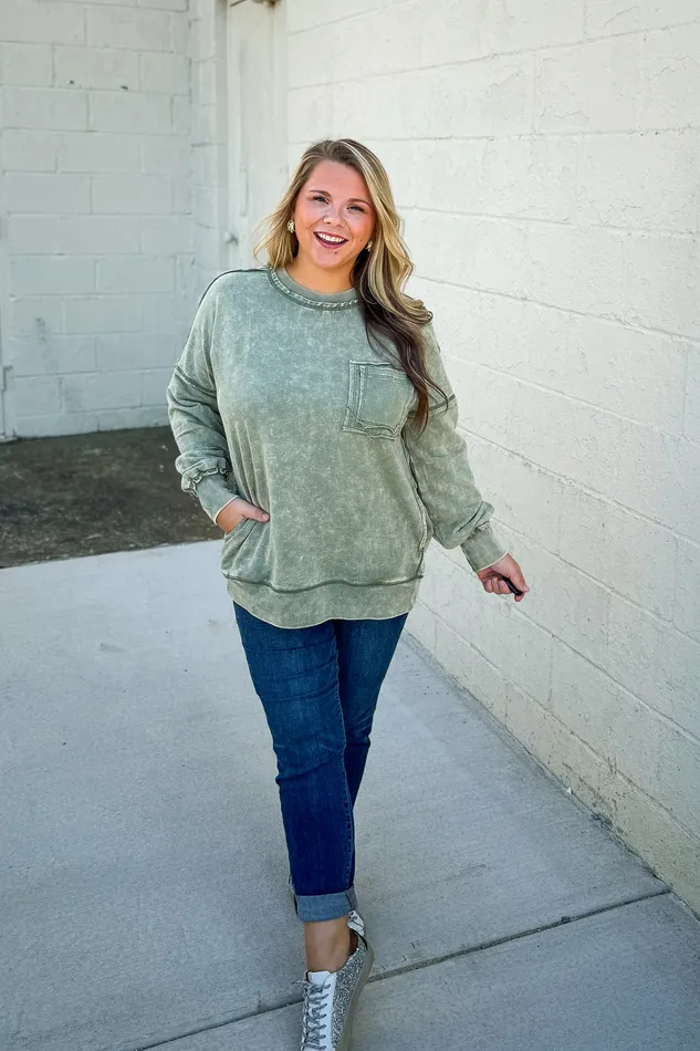 Necklaces Zenana Chelsea Acid Wash Pullover Pocket Sweatshirt Light Olive